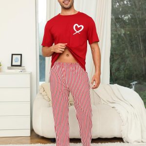 Cotton Matching Pajamas for Couples Cute Printed Short Sleeve Top & Long Pants Sleepwear Pjs Sets