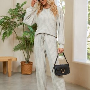Womens Lounge Set Cute Long Sleeve Pajama Sets Casual 2 Piece Pj Outfit Fall Sleepwear Pockets