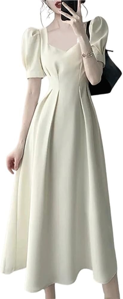 Vintage Square Neck Swing Dress for Women Solid Color Slim Waist Elegant Casual Fashion Outfit