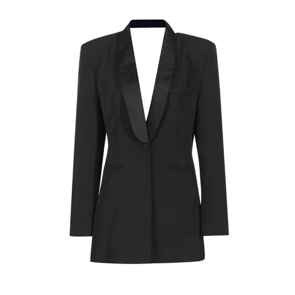 Women Autumn Single Button Backless Full Sleeve Ladies Black Blazer Coat Long Suit Jacket