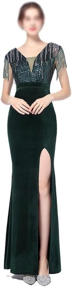 Green Sequin Long Dress Women Banquet Wedding Guest Evening Gown Formal Party Dress