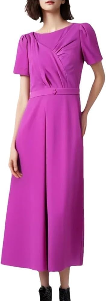 Women’S Round Neck Solid A Line Dress Summer Short Sleeve Midi Casual Party Robe for Evening Party