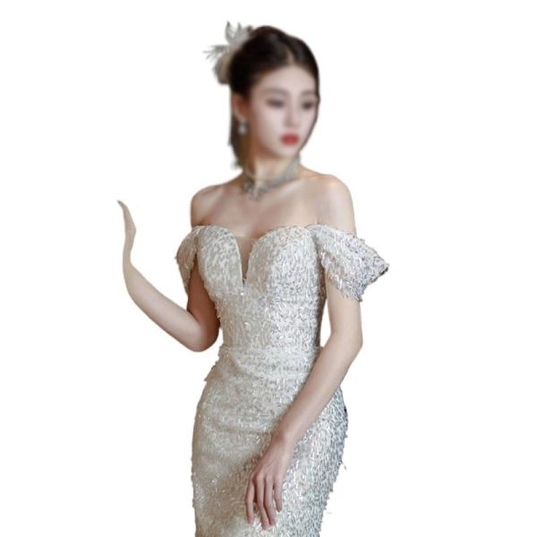 Elegant Flat Shoulder Slim Fit Evening Gown for Women Formal Toasting Banquet Long Dress