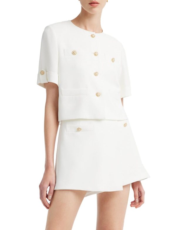 Women's 2 Piece Suit Sets White Acetate Short Sleeve Blazer Jacket and Skirt Shorts Business Casual Outfits