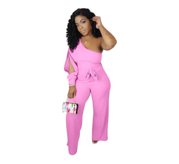 Women's Sexy One Shoulder Slit Sleeve High Waist One Piece Pant Outfit Wide Leg Jumpsuit Romper