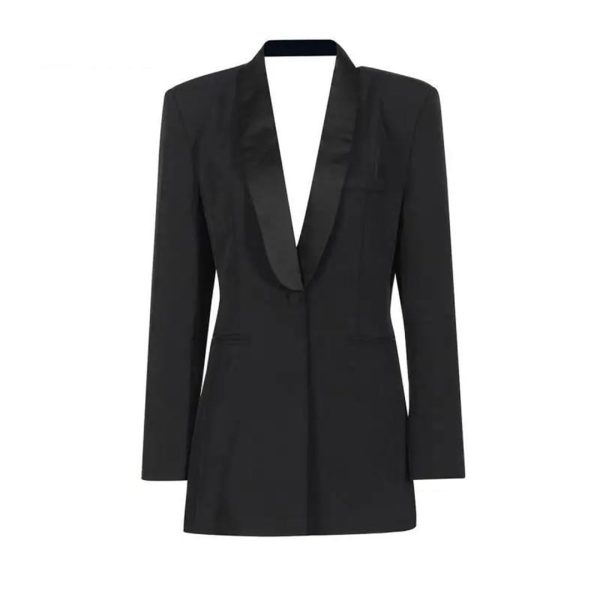Women Autumn Single Button Backless Full Sleeve Ladies Black Blazer Coat Long Suit Jacket