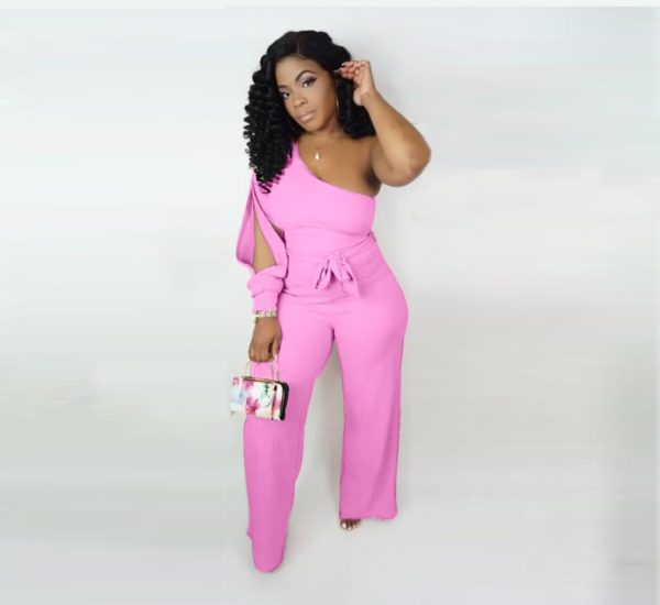 Women's Sexy One Shoulder Slit Sleeve High Waist One Piece Pant Outfit Wide Leg Jumpsuit Romper