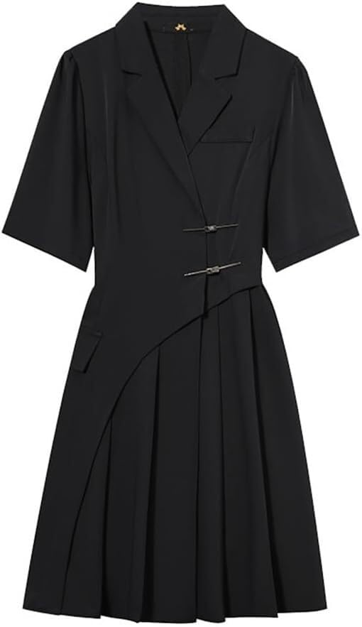 Women Black Pleated Dress Comfort Fit Formal Suit Dress Elegant Office Wear Professional Attire