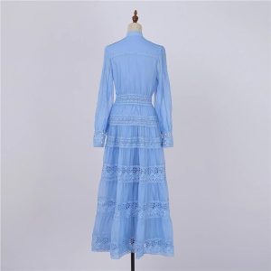Women's Muslim Wedding Guest Dress Long Sleeve Cotton Lace Embroidery Plain Maxi Bridesmaid Evening Dress