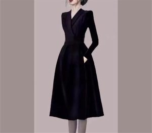 Women's Notched Suit Midi Dress - Office Lady Slim Black Long Sleeve