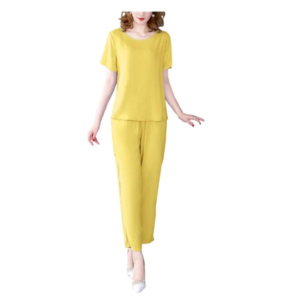 Women's Summer Loungewear - Light Blue Cotton Blend Tee & Capris Moisture-Wicking