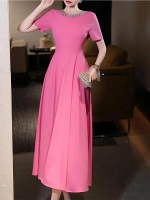 Women’S Skirt Summer Diamonds Round Neck A Line Short Sleeve Solid Dresses Fashion Evening Party Long Dress