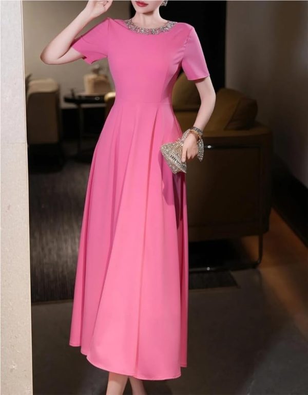 Women’S Skirt Summer Diamonds Round Neck A Line Short Sleeve Solid Dresses Fashion Evening Party Long Dress