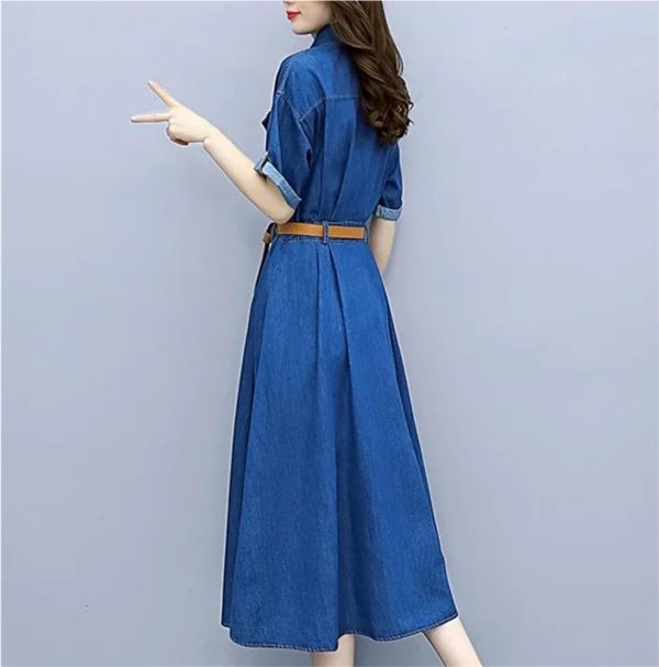 Women’S Office Fashion Denim Dress Summer Slim Fit Round Neck Short Sleeve A Line Belted Dress for Vacation