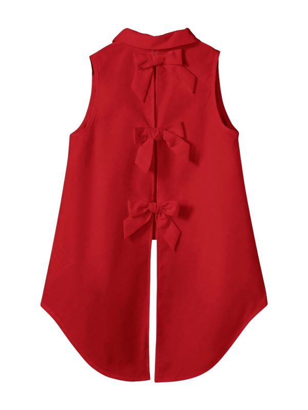Women's Bow Back Blouse Collar Neck Button Down Vest Sleeveless Asymmetrical Split Blouse Top Tank