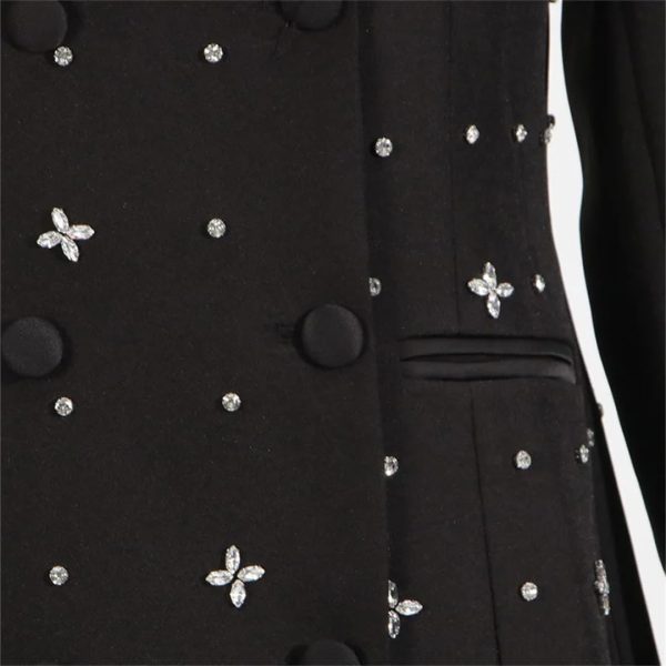 Women Spring Autumn Double Breasted Diamond Black Blazer Coat Slim Suit Jacket