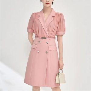 Women's Chiffon Patchwork Suit Dress Short Sleeve Notched Collar Summer Office Lady Fashion Midi Dresses