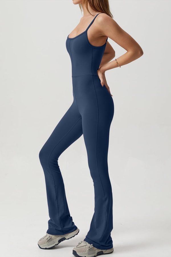 Flare Jumpsuits for Women Spaghetti Straps Scoop Neck Bodycon Full Length Casual Unitard Playsuit