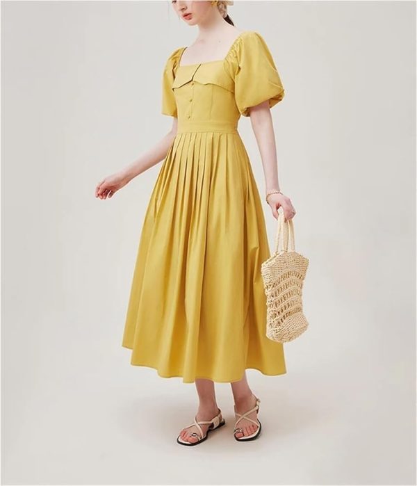Romantic Floral Midi Dress for Women Summer Square Neck Chiffon Tulle Short Sleeve Ruffled Party Guest Dress