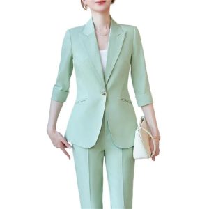 Women Half Sleeve Elegant Business Suits Spring Summer Formal Uniform Designs Pantsuits Professional Blazers Trousers Sets