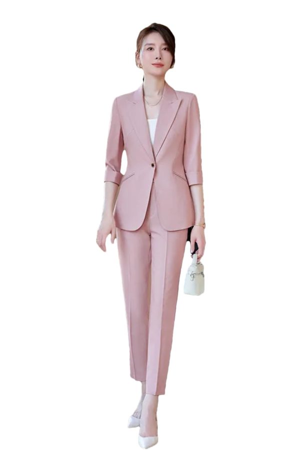 Women Half Sleeve Elegant Business Suits Spring Summer Formal Uniform Designs Pantsuits Professional Blazers Trousers Sets