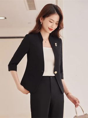 Women Summer High End Thin Temperament Half Sleeve Slim Blazer and Pants Office Ladies Work Wear Suits
