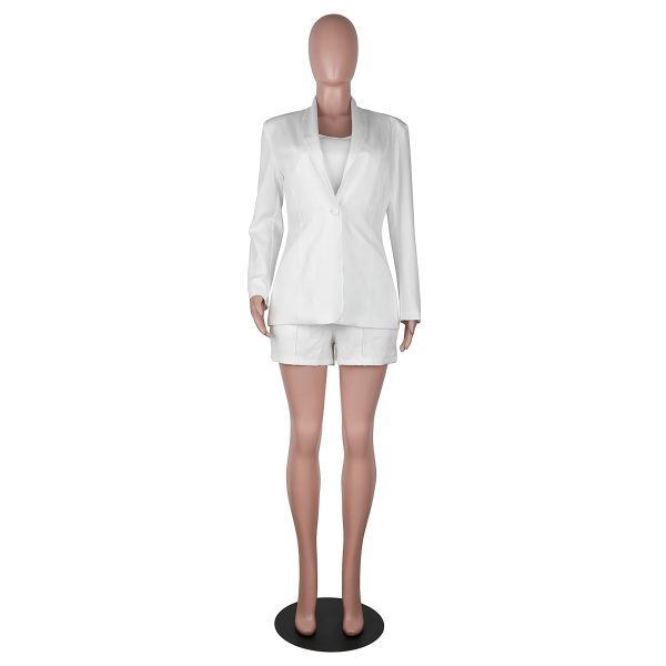 Women Sexy Bussiness Outfits 3 Piece Open Front Button Blazers + Crop Tops + Belted Shorts Set Jumpsuits
