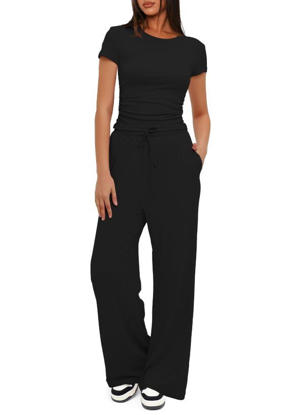Women's 2 Piece Outfits Lounge Sets Ruched Short Sleeve Tops High Waisted Wide Leg Pants Tracksuit Sets