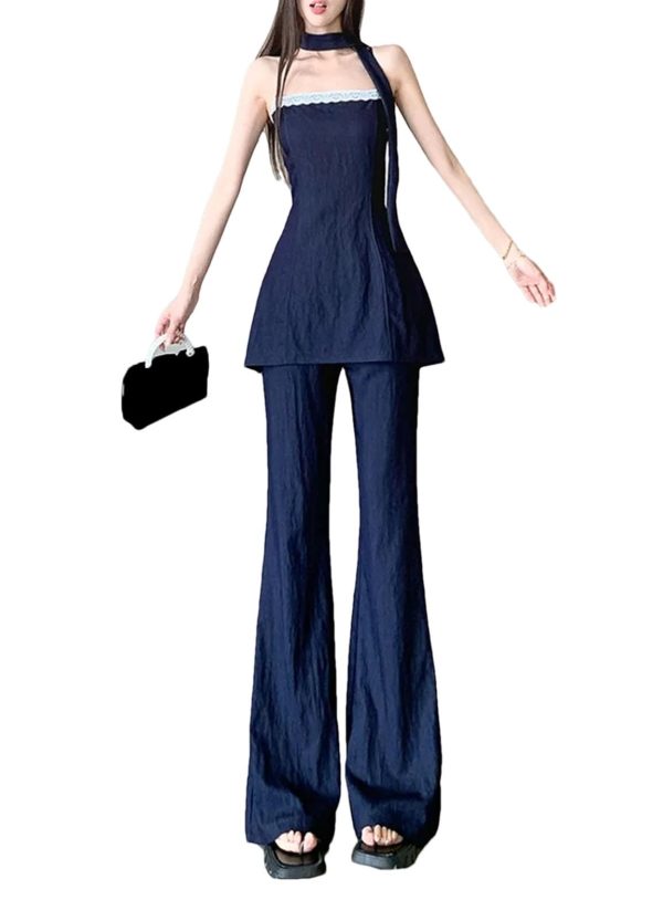 Women's Lace Trim Set - V-Neck Halter Top & Draped Pants