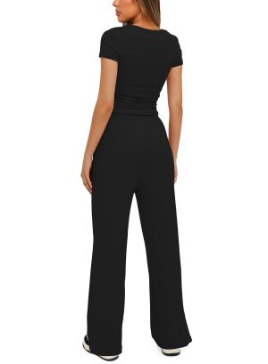 Women's 2 Piece Outfits Lounge Sets Ruched Short Sleeve Tops High Waisted Wide Leg Pants Tracksuit Sets