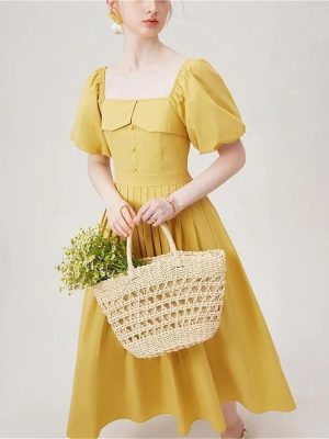 Romantic Floral Midi Dress for Women Summer Square Neck Chiffon Tulle Short Sleeve Ruffled Party Guest Dress