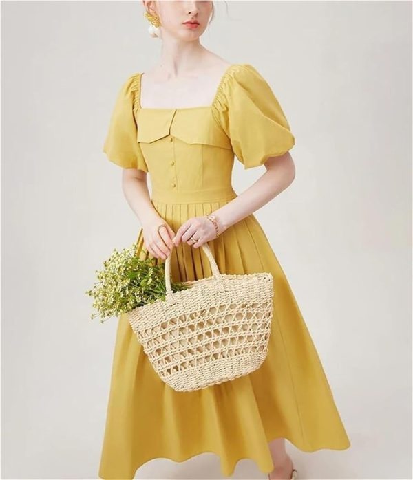 Romantic Floral Midi Dress for Women Summer Square Neck Chiffon Tulle Short Sleeve Ruffled Party Guest Dress