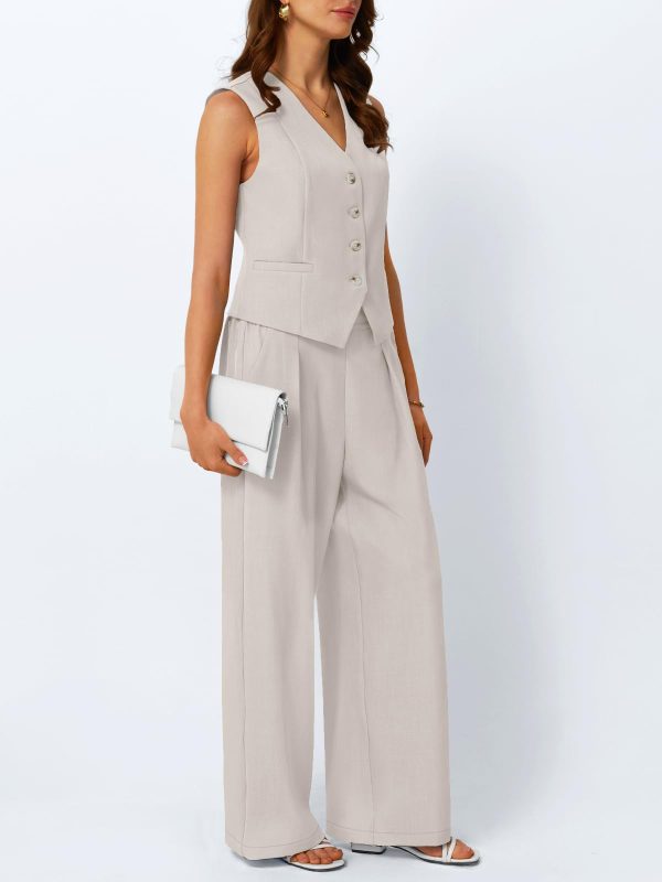 Womens V Neck Twill Tailored Blazer Sleeveless Vest Two 2 Piece Set Wide Leg Pant Suit