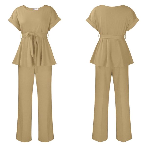Women's 2 Piece Outfits Suit Set Short Sleeve Peplum Top Flared Pants Sets Business Pantsuits