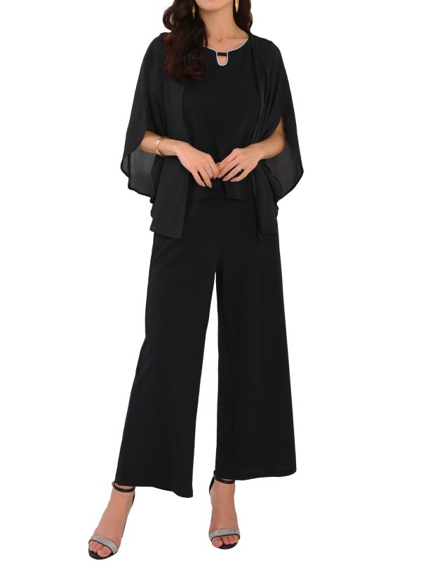 Women's 2 Pieces Sets Elegant Chiffon Sleeve Top Wide Legs Pants Mother of Bride Suits