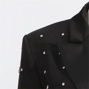 Women Spring Autumn Double Breasted Diamond Black Blazer Coat Slim Suit Jacket