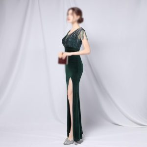 Green Sequin Long Dress Women Banquet Wedding Guest Evening Gown Formal Party Dress