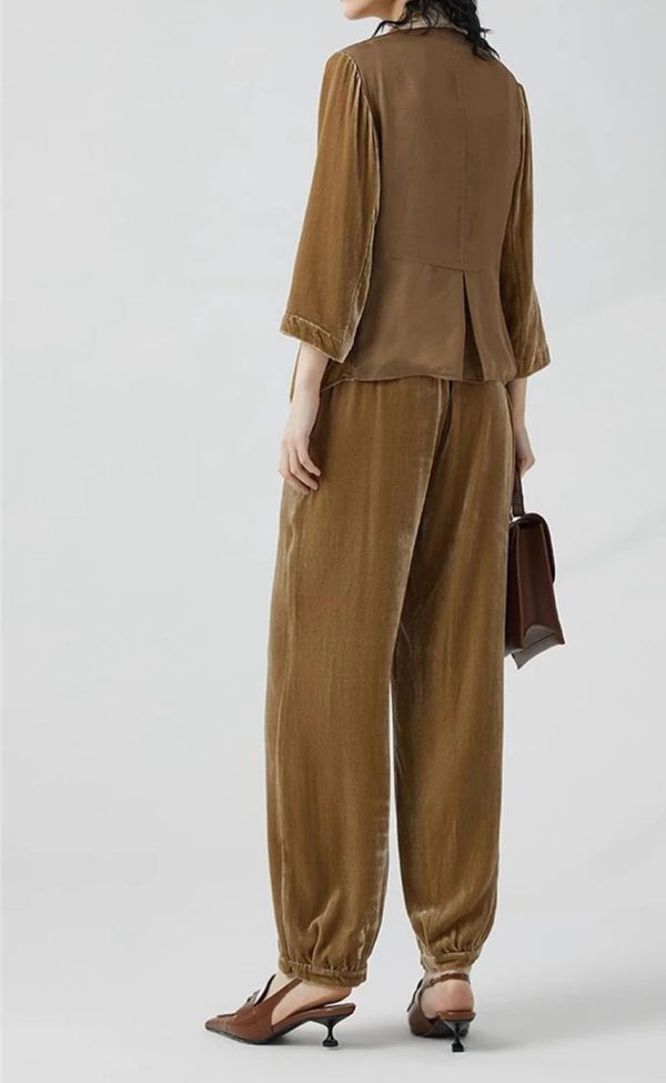 Women's Khaki Velvet Suit - Long Sleeve Shirt & Wide Leg Pants Minimalist Business Attire
