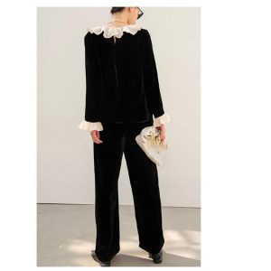 Plus Size Women's Velvet Suit - Fashion Collar Blouse & Wide Leg Trousers Contemporary Silhouette