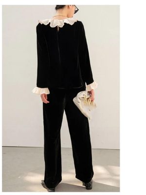 Plus Size Women's Velvet Suit - Fashion Collar Blouse & Wide Leg Trousers Contemporary Silhouette
