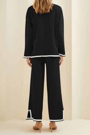 Women's 2 Piece Knit Sweater Set Casual Long Sleeve Pullover Wide Leg Pants Sweatsuit Tracksuit Outfit