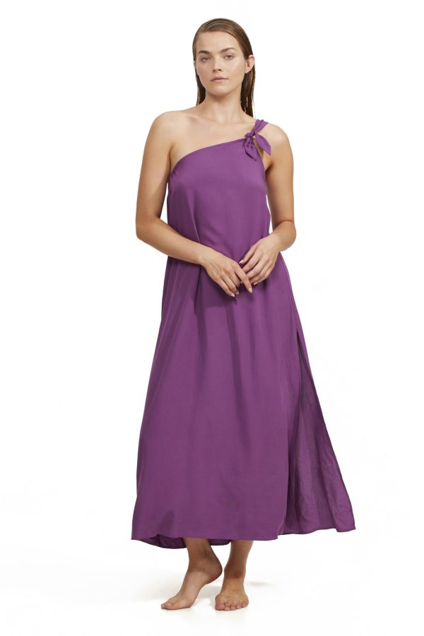 Luma Women's One Shoulder Sarong Style Maxi Dress Coverup with Side Leg Slit and Adjustable Bow Tie