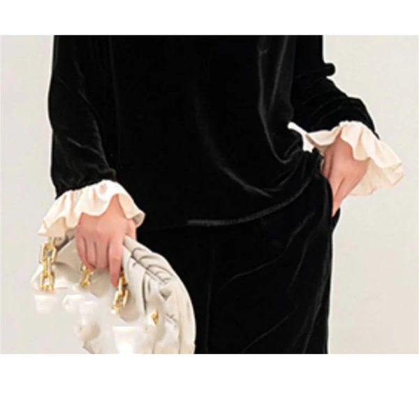 Plus Size Women's Velvet Suit - Fashion Collar Blouse & Wide Leg Trousers Contemporary Silhouette