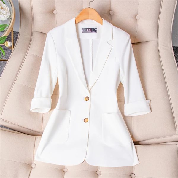 Women Spring Summer Wear Half Sleeve Jacket Office Single Breasted Thin Suit Blazer