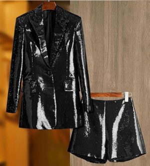 Sequin Blazer and Short Set for Women 2 PC Slim Fit Notch Lapel Prom Party Suit Women's Glitter Suit