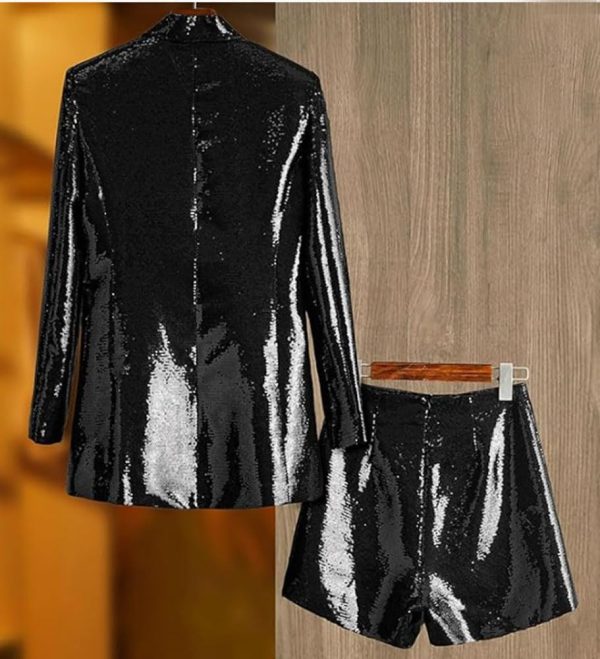 Sequin Blazer and Short Set for Women 2 PC Slim Fit Notch Lapel Prom Party Suit Women's Glitter Suit