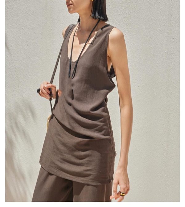 Women's Linen Lounge Set - Coffee Vest & Wide Leg Pants Summer Cooling Athletic Wear