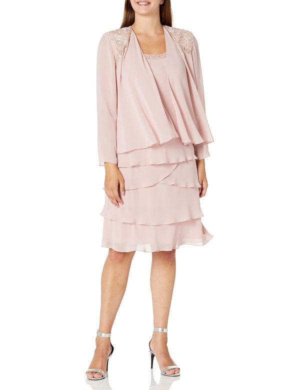 Women's Mother of The Bride Tiered Jacket Dress with Shoulder Embellishment (Petite and Regular Sizes)