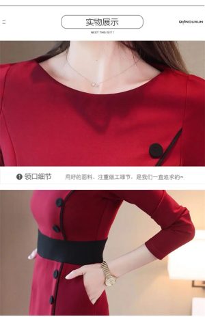 Women Contrast Color Elegant Temperament Party Dresses Office High Waist Long Sleeve Slim Midi Dress