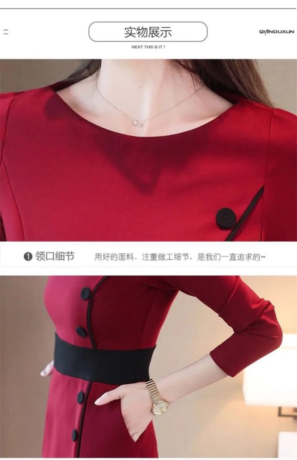 Women Contrast Color Elegant Temperament Party Dresses Office High Waist Long Sleeve Slim Midi Dress